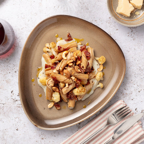 Smoked Vortici with Cauliflower Puréè, Bacon and Toasted Cashew Nuts