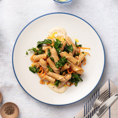 Smoked Vortici with Almond Garlic Sauce, Kale and Carrots