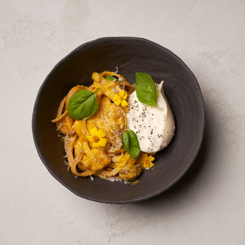 Smoked Tagliatelle with Delica Pumpkin, Burrata & Crushed Figs