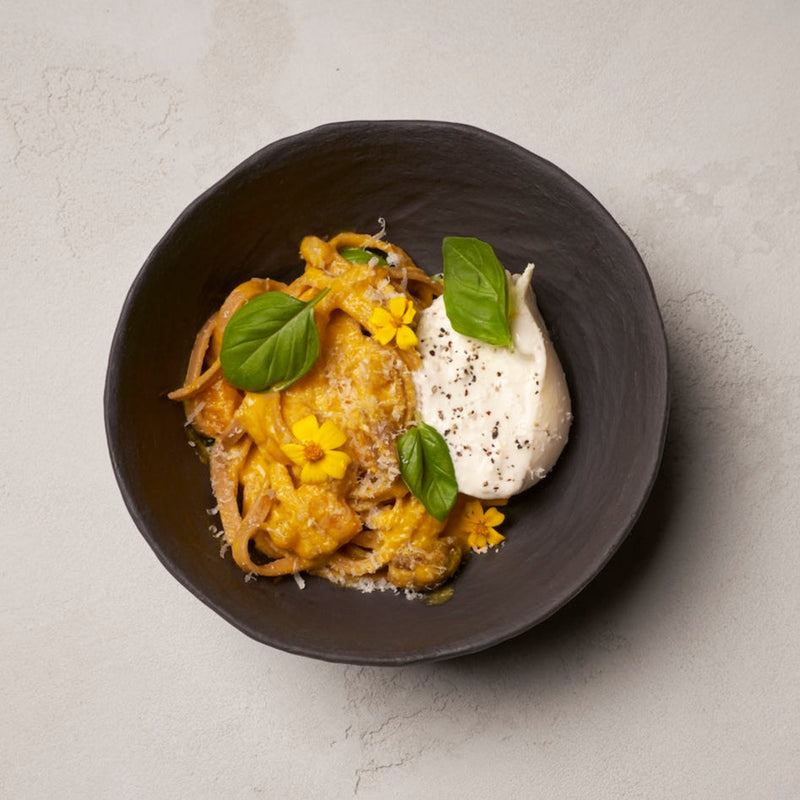 Smoked Tagliatelle with Delica Pumpkin, Burrata & Crushed Figs