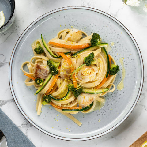 Sourdough Tagliatelle with Sourdough Butter, Monkfish, Vegetables and Lemon Zest