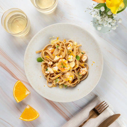 Umami Tagliatelle with Sourdough Butter, Prawns, Orange Zest, Fresh Herbs