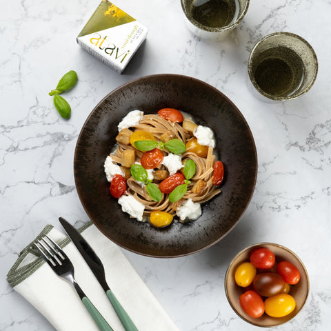 Smoked Tagliatelle with Sourdough Butter, Burrata, Aubergines, Coloured Tomatoes, Fresh Basil